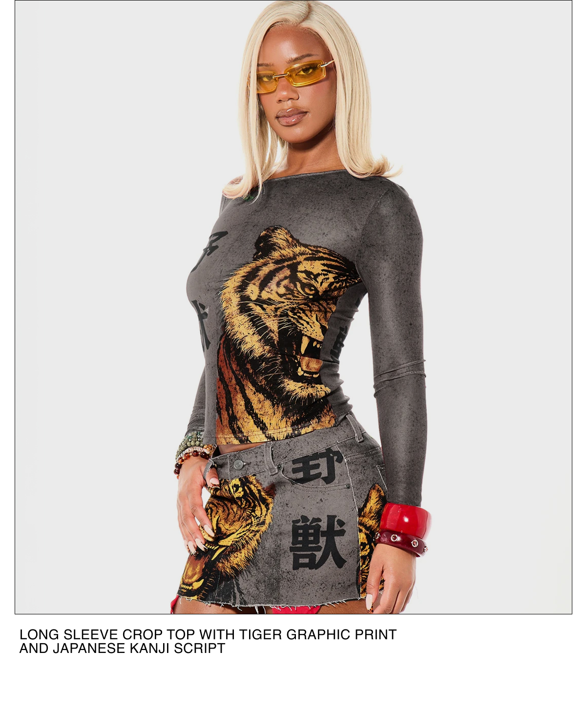 LONG SLEEVE CROP TOP WITH TIGER GRAPHIC PRINT AND JAPANESE KANJI SCRIPT