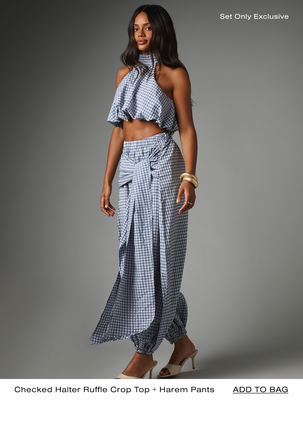 Checked Halter Ruffle Crop Top + Harem Pants