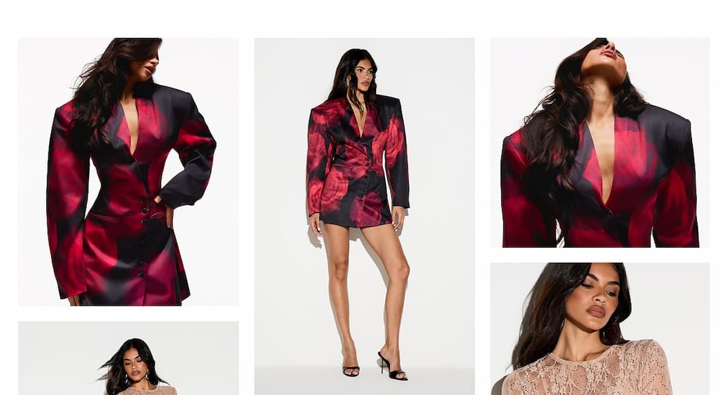 KIZN Rose Floral Print Satin Blazer Mini Dress With Deep Plunge V-Neck Long Sleeves And Button Front Closure