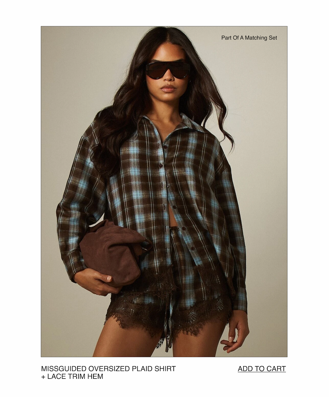 MISSGUIDED Oversized Plaid Shirt + Lace Trim Hem