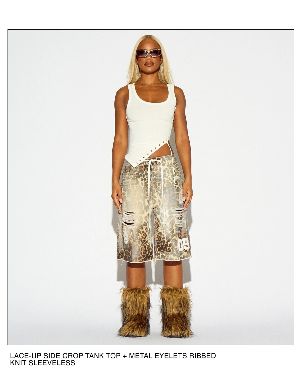 LACE-UP SIDE CROP TANK TOP + METAL EYELETS RIBBED KNIT SLEEVELESS