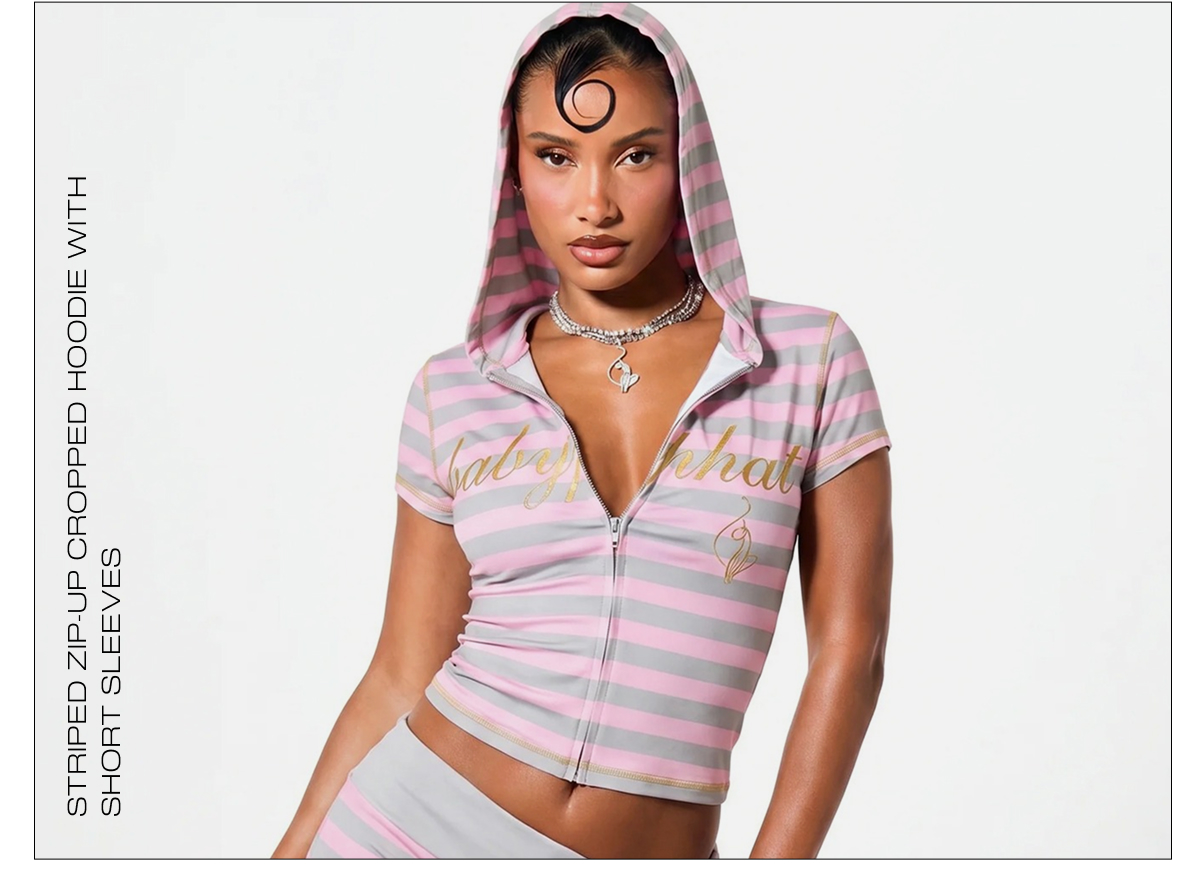 STRIPED ZIP-UP CROPPED HOODIE WITH SHORT SLEEVES