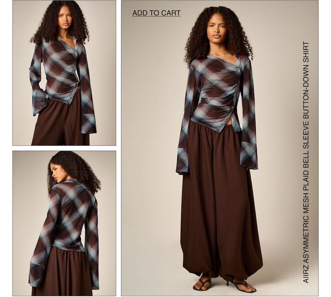 AiiRZ Asymmetric Mesh Plaid Bell Sleeve Button-Down Shirt