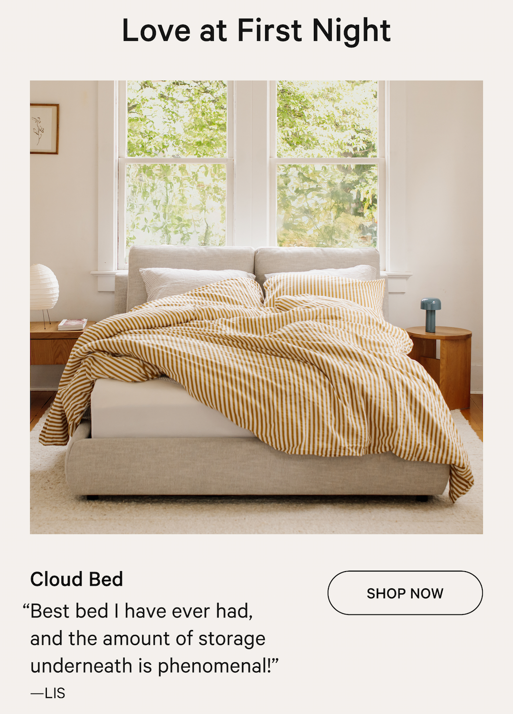 Love at First Night | Cloud Bed SHOP NOW “Best bed I have ever had, and the amount of storage underneath is phenomenal!” —LIS