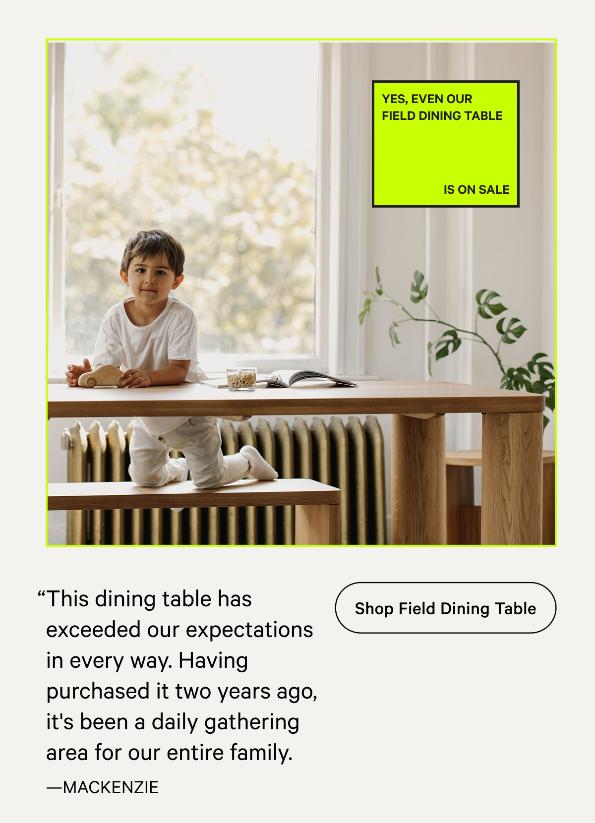 “This dining table has exceeded our expectations in every way. Having purchased it two years ago, it's been a daily gathering area for our entire family. —MACKENZIE [Shop Field Dining Table]