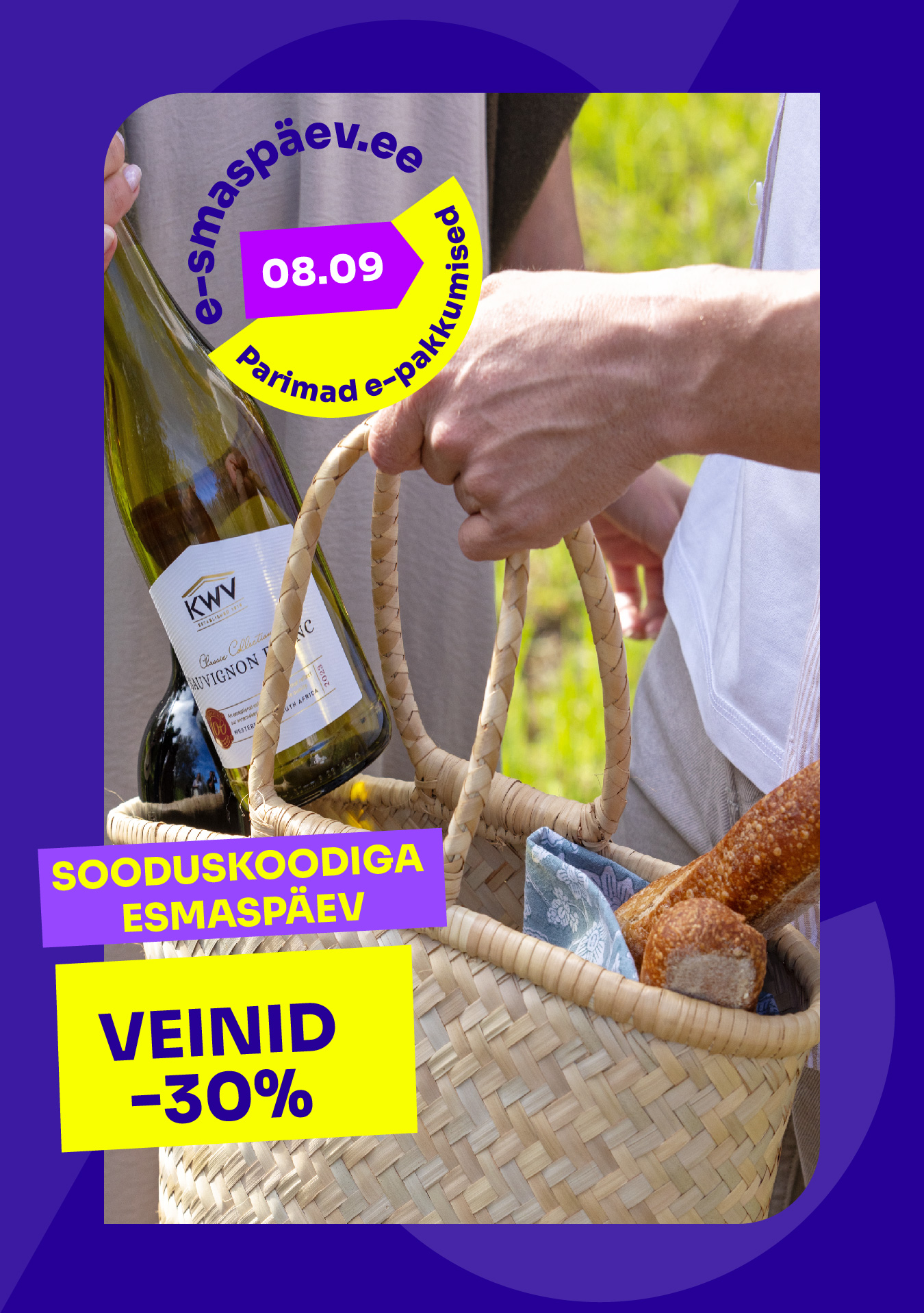 e-smaspäeva pakkumine sooduskoodiga ESMASPÄEV tooted-30%, pildil asetab klinet ostetud veini oma ostukotti