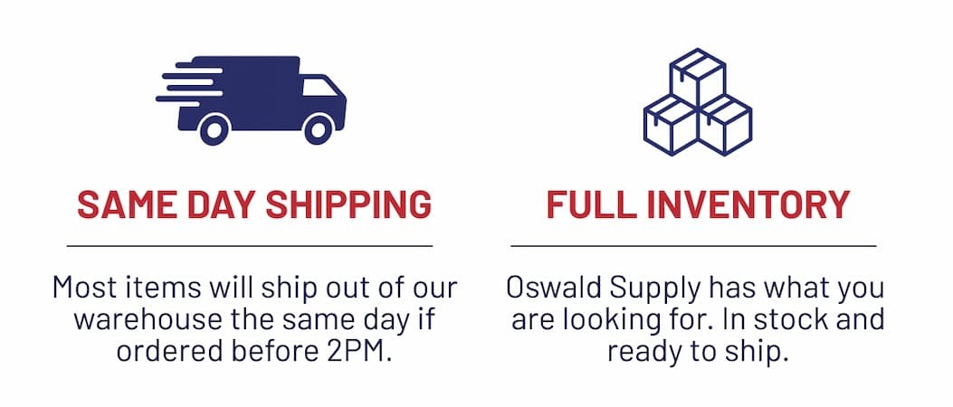 SAME DAY SHIPPING Most items will ship out of our warehouse the same day if ordered before 2PM. FULL INVENTORY Oswald Supply has what you are looking for. In stock and ready to ship.