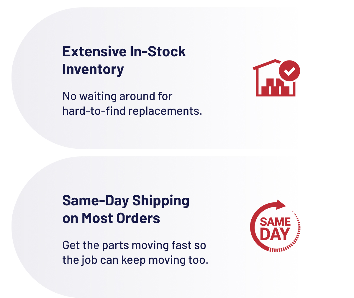Extensive In-Stock Inventory No waiting around for hard-to-find replacements.  Same-Day Shipping on Most Orders Get the parts moving fast so the job can keep moving too.