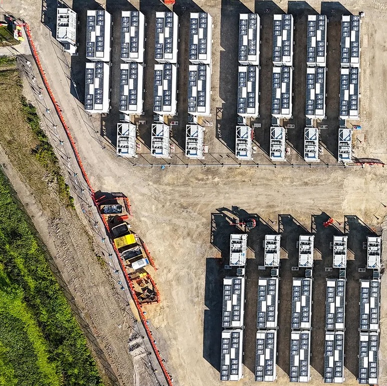 A bird's-eye view of giant batteries at Ferrybridge C, 