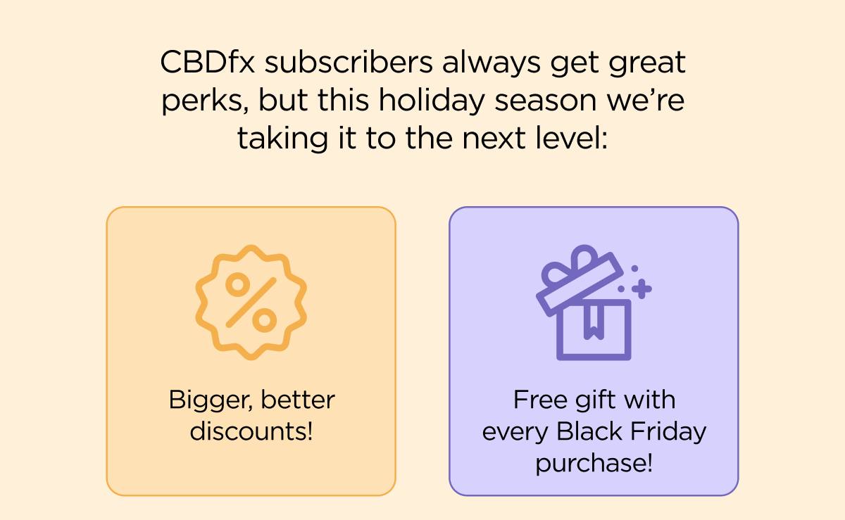 CBDfx subscribers always get great perks, but this holiday season we’re taking it to the next level:  • Bigger, better discounts! • Free gift with every Black Friday purchase