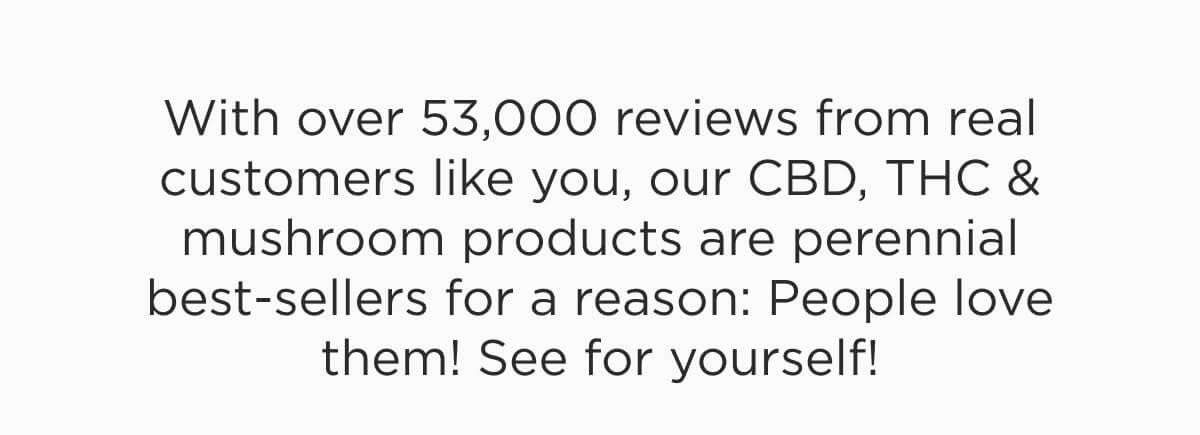 With over 53,000 reviews from real customers like you, our CBD, THC & mushroom products are perennial best-sellers for a reason: People love them! See for yourself!