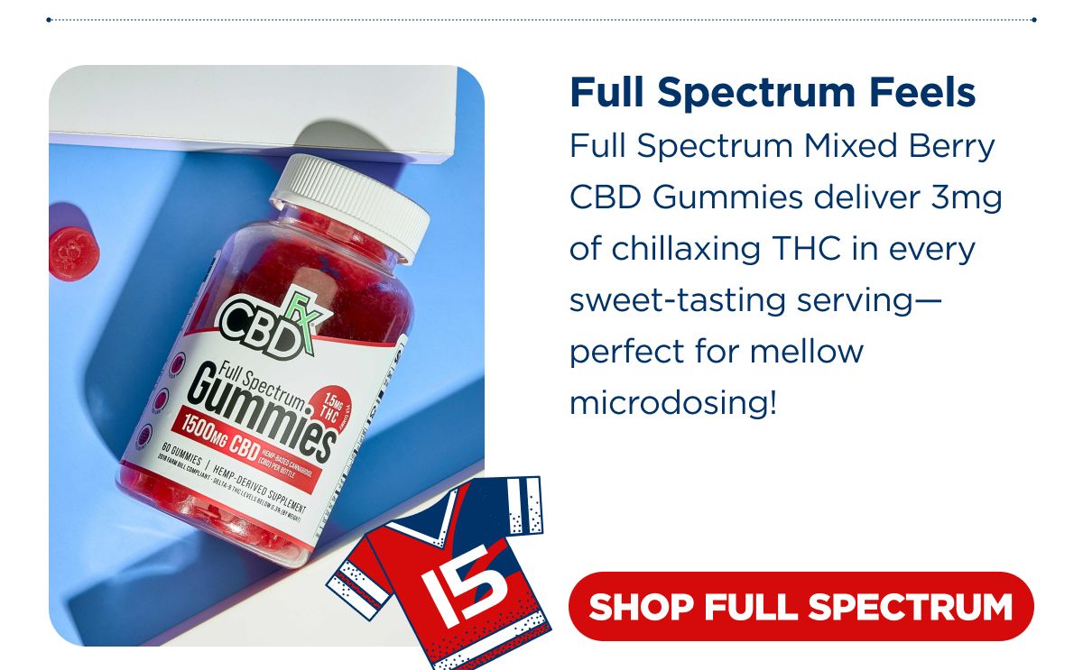 Full Spectrum Feels Full Spectrum Mixed Berry CBD Gummies deliver 3mg of chillaxing THC in every sweet-tasting serving—perfect for mellow microdosing! [SHOP FULL SPECTRUM] 
