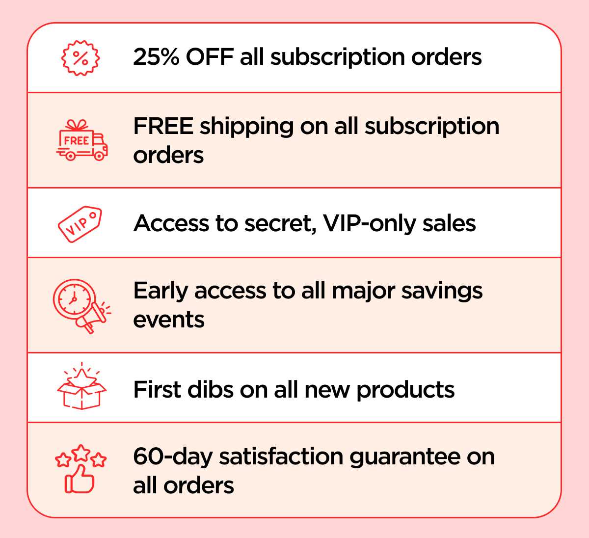 25% OFF all subscription orders FREE shipping on all subscription orders Access to secret, VIP-only sales Early access to all major savings events First dibs on all new products 60-day satisfaction guarantee on all orders