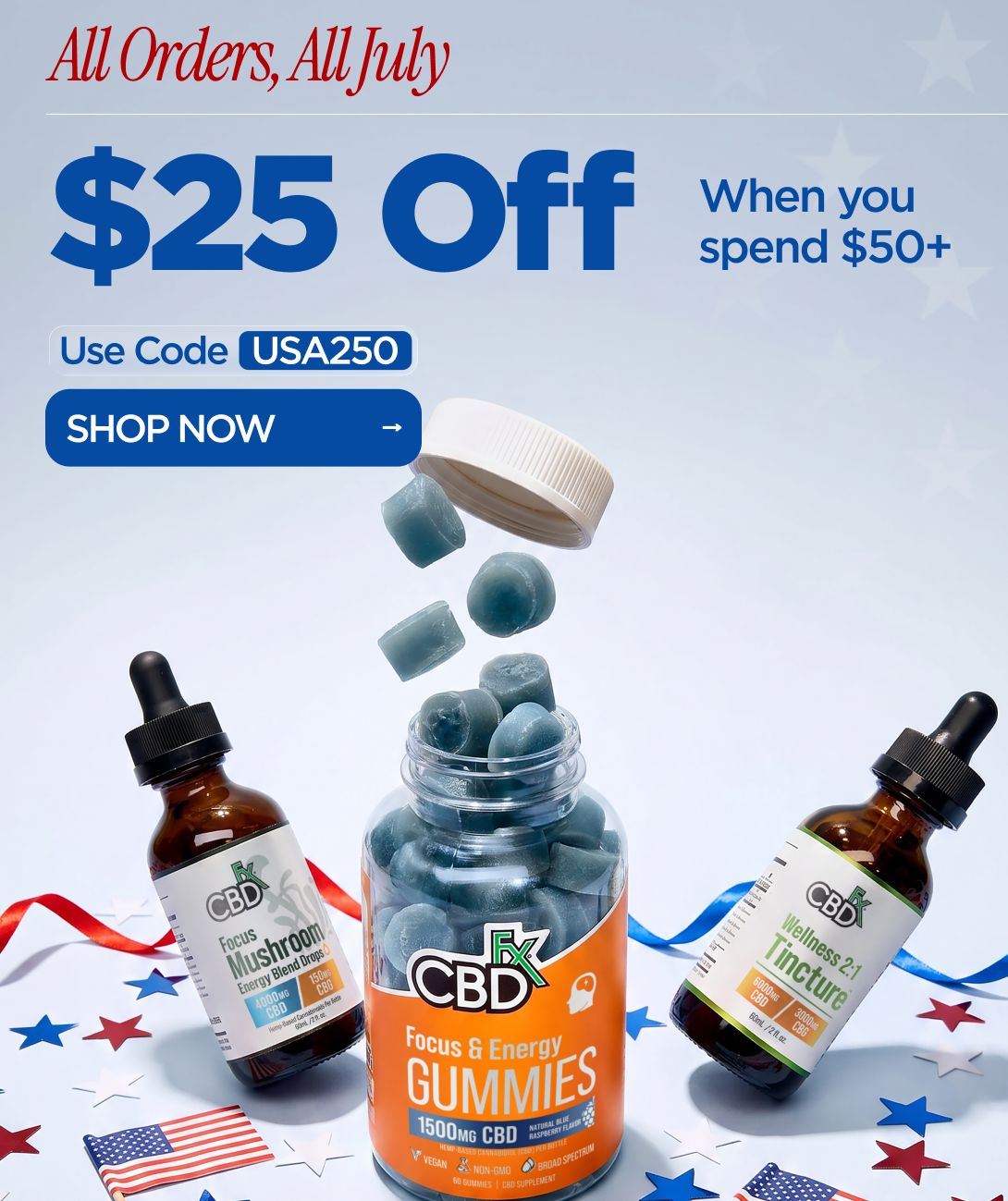 $25 OFF When you spend $50+ Use code USA250