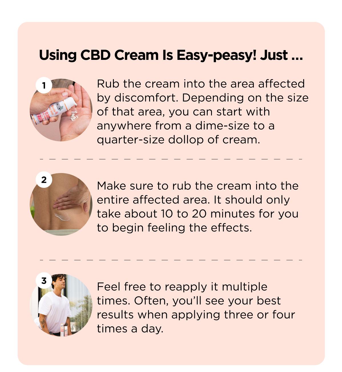 Using CBD Cream Is Easy-peasy! Just …  Rub the cream into the area affected by discomfort. Depending on the size of that area, you can start with anywhere from a dime-size to a quarter-size dollop of cream.  Make sure to rub the cream into the entire affected area. It should only take about 10 to 20 minutes for you to begin feeling the effects.  Feel free to reapply it multiple times. Often, you’ll see your best results when applying three or four times a day.