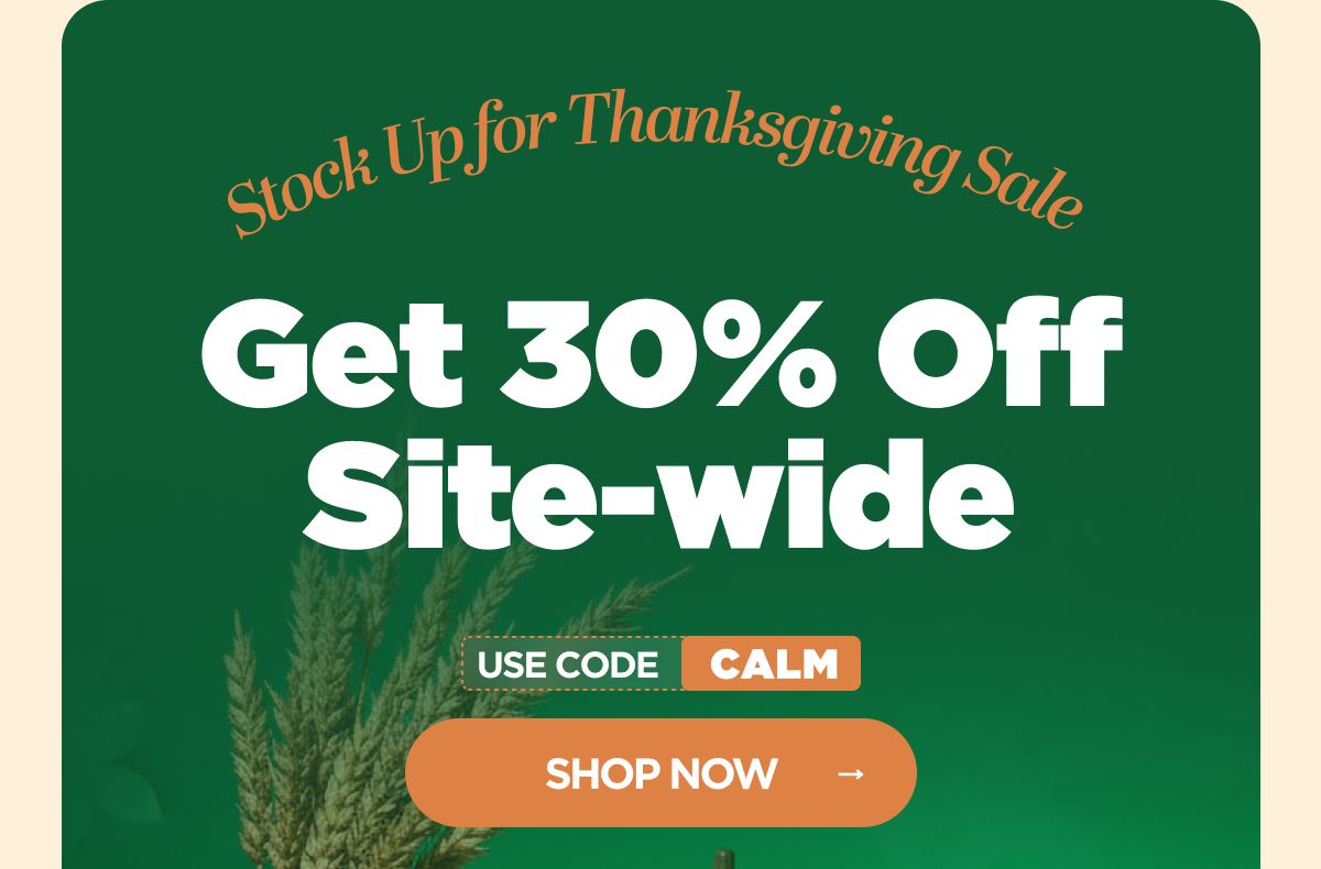 Stock Up for Thanksgiving Sale Get 30% OFF Site-wide Use code CALM