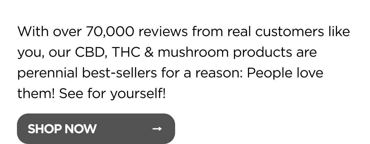 With over 70,000 reviews from real customers like you, our CBD, THC & mushroom products are perennial best-sellers for a reason: People love them! See for yourself!