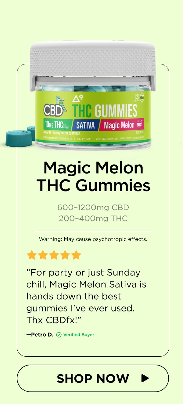 Magic Melon THC Gummies “For party or just Sunday chill, Magic Melon Sativa is hands down the best gummies I've ever used. Thx CBDfx!”—Petro D. (Verified Buyer)