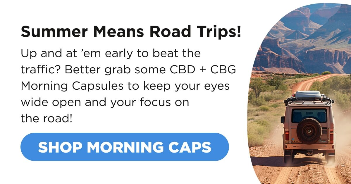 Summer Means Road Trips! Up and at ’em early to beat the traffic? Better grab some CBD + CBG Morning Capsules to keep your eyes wide open and your focus on the road! [SHOP MORNING CAPS]