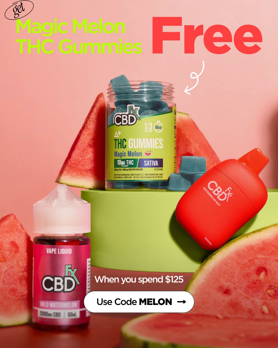 Get Magic Melon THC Gummies FREE When you spend $125 Use code MELON