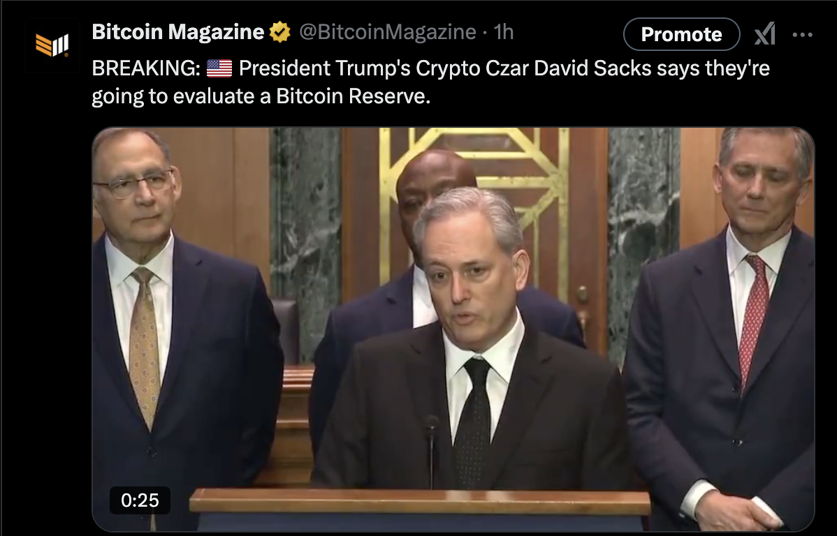 BREAKING: 🇺🇸 President Trump's Crypto Czar David Sacks says they're going to evaluate a Bitcoin Reserve.
