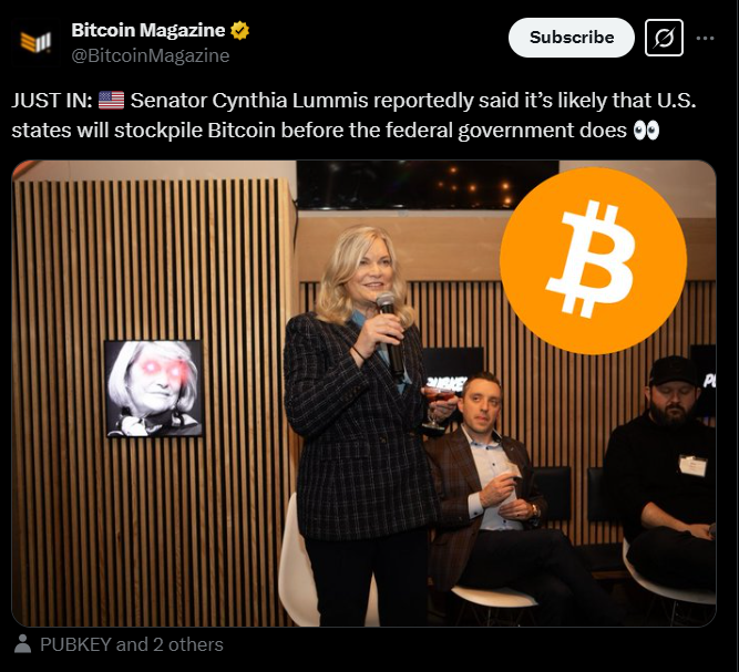 JUST IN: 🇺🇸 Senator Cynthia Lummis reportedly said it’s likely that U.S. states will stockpile Bitcoin before the federal government does 👀