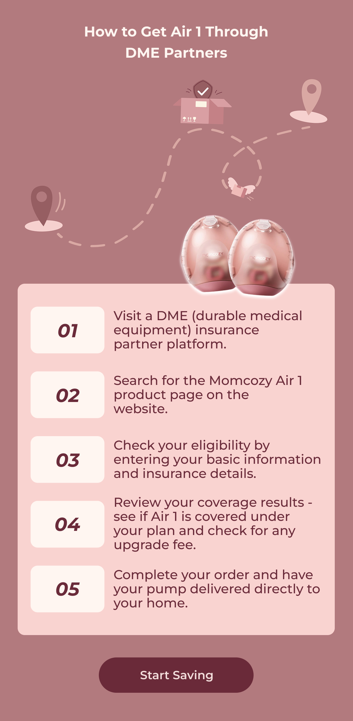 How to Get Air 1 Through DME Partners 01 Visit a DME (durable medical equipment) insurance partner platform. 02 Search for the Momcozy Air 1 product page on the website. 03 Check your eligibility by entering your basic information and insurance details. 04 Review your coverage results - see if Air 1 is covered under your plan and check for any upgrade fee. 05 Complete your order and have your pump delivered directly to your home. Start Saving