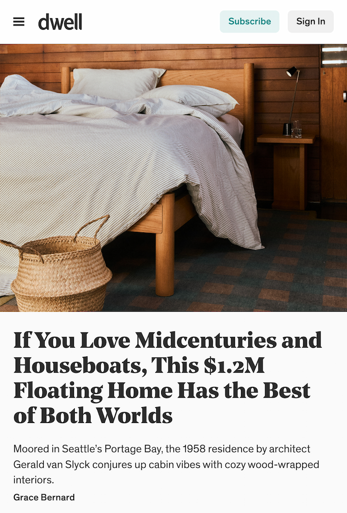 Dwell Magazine feature of Keeps Portage Bay House Boat Project