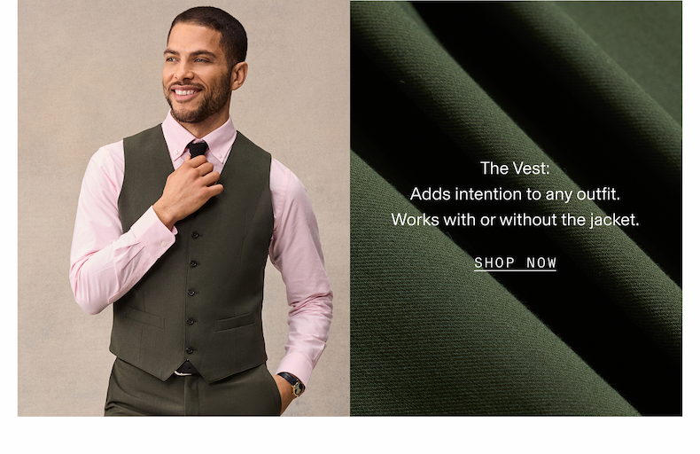 Split-layout image: on the left, a man in an olive suit, striped shirt, and brown knit tie sits at an outdoor table reading a magazine, coffee cups nearby; on the right, close-up of textured olive suiting fabric with text overlaid: The Vest: Adds intention to any outfit. Works with or without the jacket. SHOP NOW