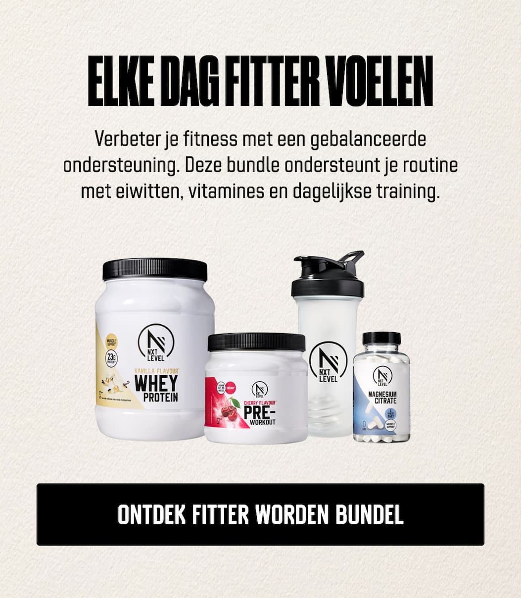 Elke dag fitter voelen Verbeter je fitness met een gebalanceerde ondersteuning. Deze bundle ondersteunt je routine met eiwitten, vitamines en dagelijkse training.