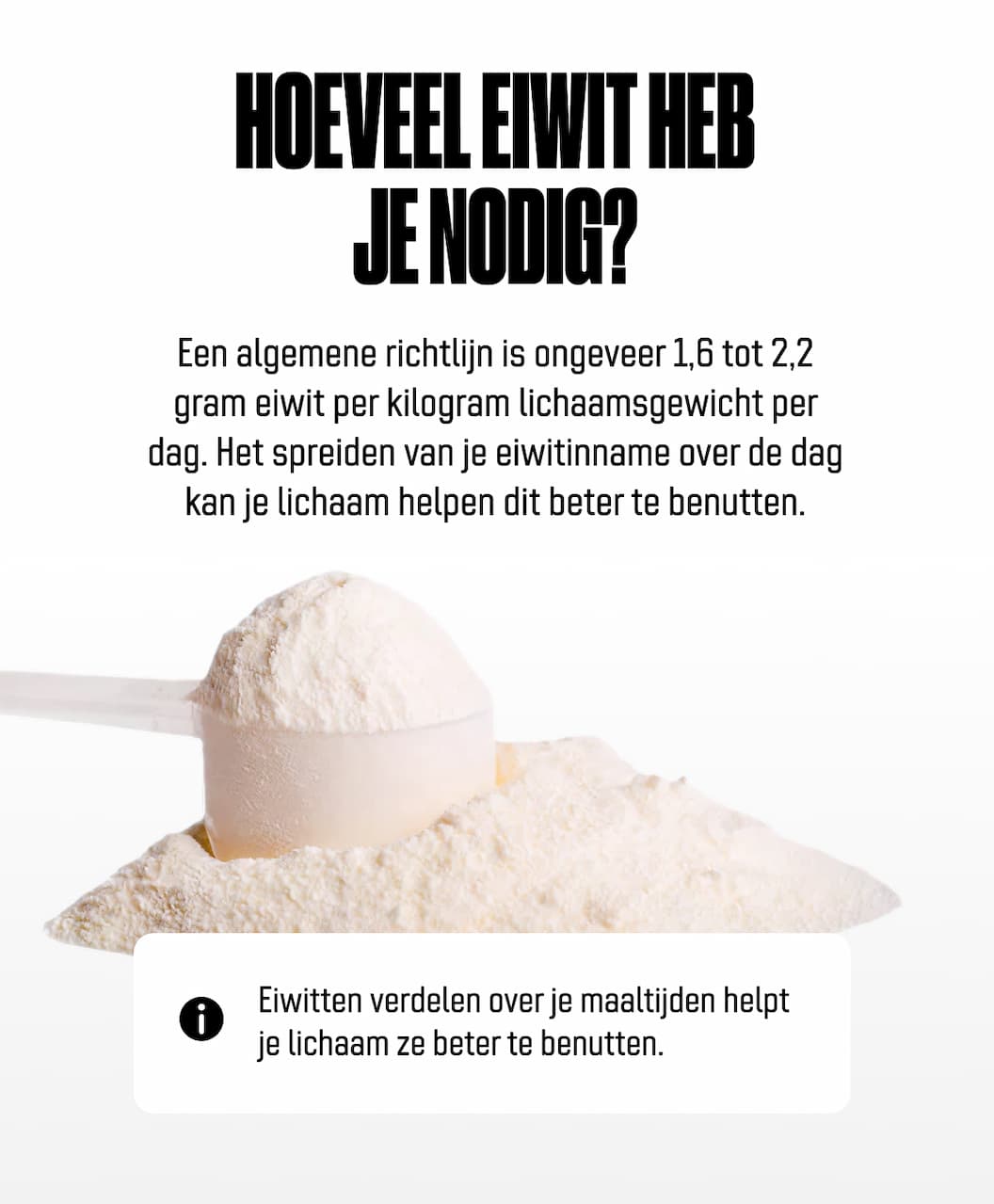 Hoeveel eiwit heb je nodig? Een algemene richtlijn is ongeveer 1,6 tot 2,2 gram eiwit per kilogram lichaamsgewicht per dag. Het spreiden van je eiwitinname over de dag kan je lichaam helpen dit beter te benutten.