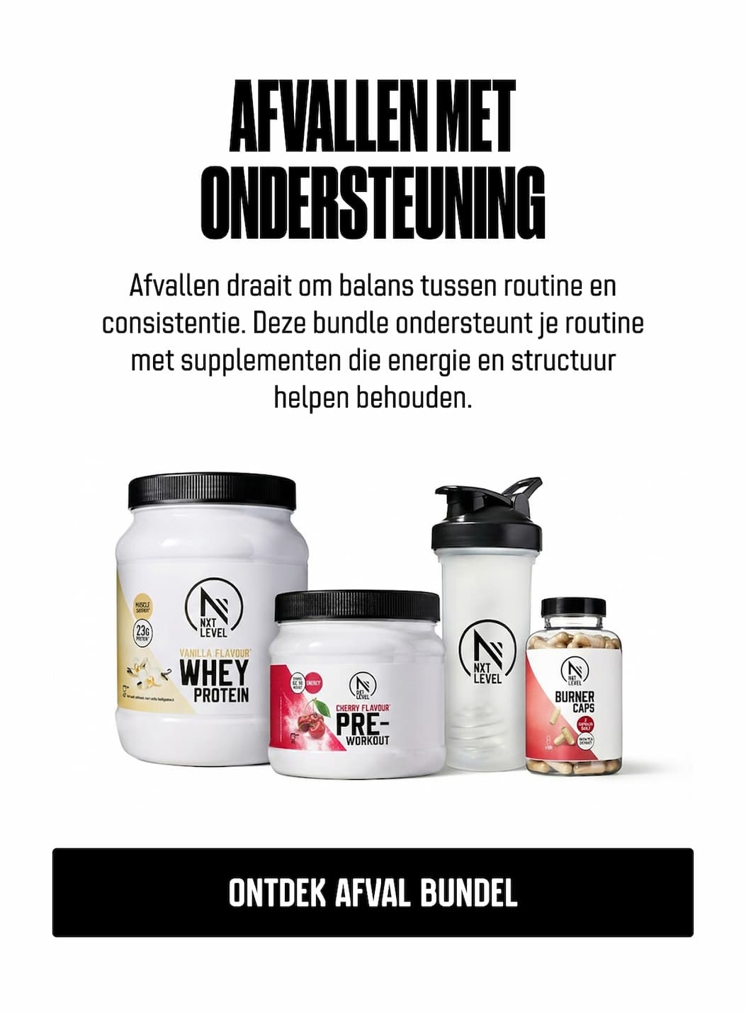 Afvallen met ondersteuning Afvallen draait om balans tussen routine en consistentie. Deze bundle ondersteunt je routine met supplementen die energie en structuur helpen behouden.