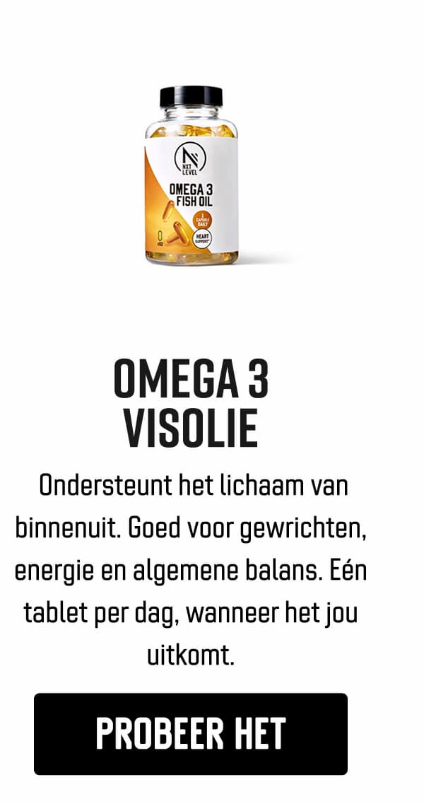 Omega 3 Visolie  Ondersteunt het lichaam van binnenuit. Goed voor gewrichten, energie en algemene balans. Eén tablet per dag, wanneer het jou uitkomt.