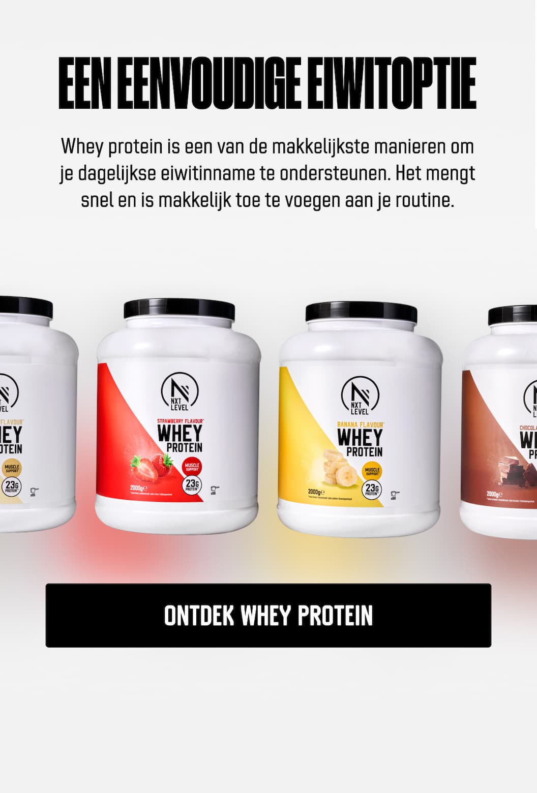 Een eenvoudige eiwitoptie Whey protein is een van de makkelijkste manieren om je dagelijkse eiwitinname te ondersteunen. Het mengt snel en is makkelijk toe te voegen aan je routine.