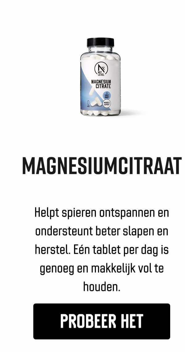 Magnesiumcitraat Helpt spieren ontspannen en ondersteunt beter slapen en herstel. Eén tablet per dag is genoeg en makkelijk vol te houden.