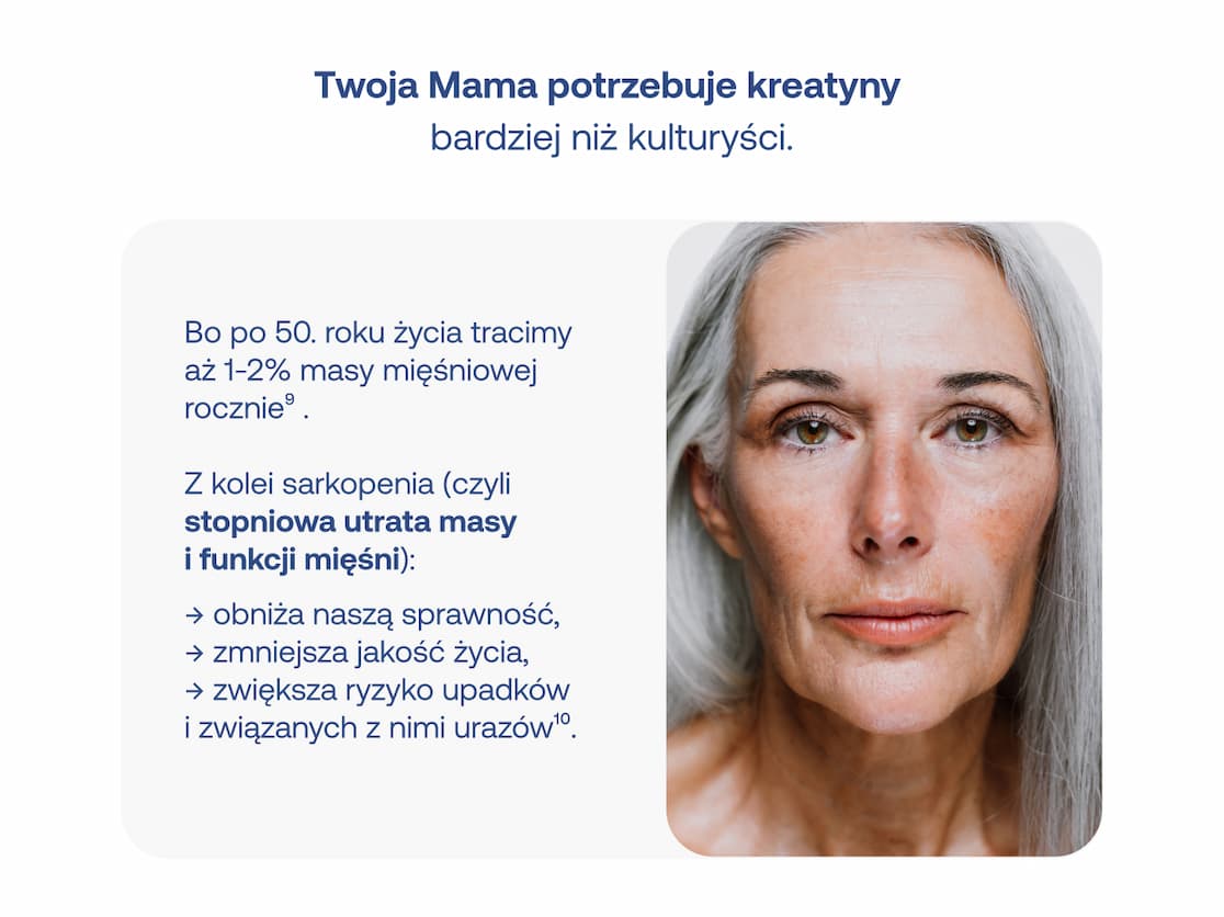 Portret dojrzałej kobiety z informacją o utracie masy mięśniowej po 50. roku życia i zaletach kreatyny.