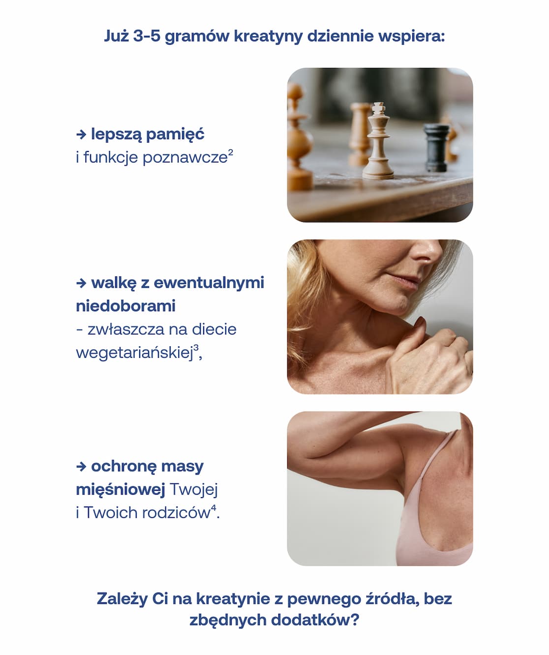 Korzyści z 3-5g kreatyny dziennie: lepsza pamięć, wsparcie diety wegetariańskiej i ochrona masy mięśniowej Twojej oraz Twoich rodziców.
