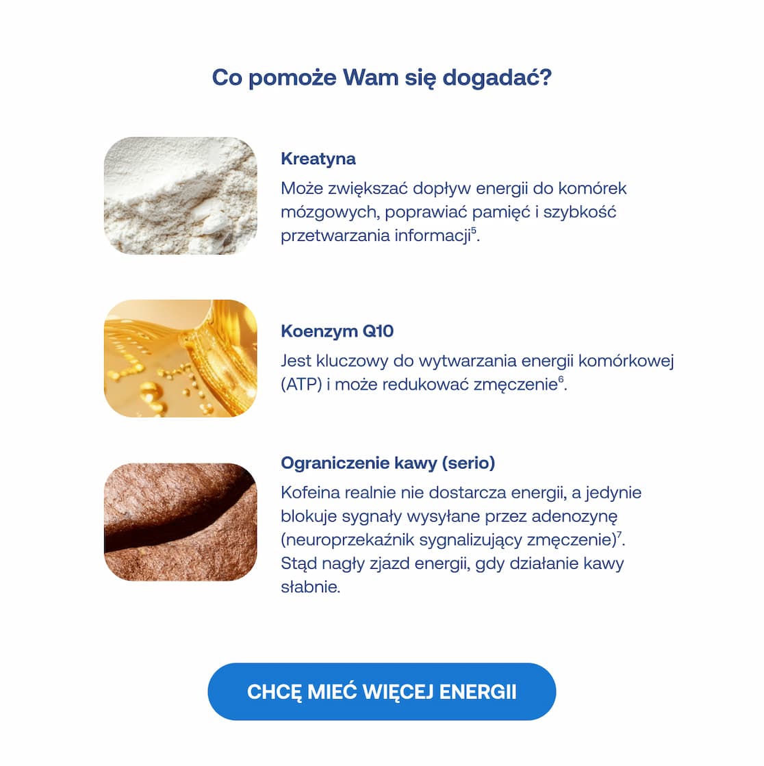 Sposoby na dodanie sobie energii: kreatyna, koenzym Q10 oraz ograniczenie kofeiny. Przycisk z napisem: CHCĘ MIEĆ WIĘCEJ ENERGII