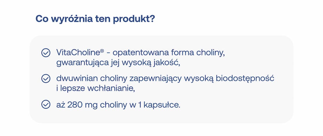 Co wyróżnia ten produkt? VitaCholine, dwuwinian choliny, aż 280mg w 1 kapsułce