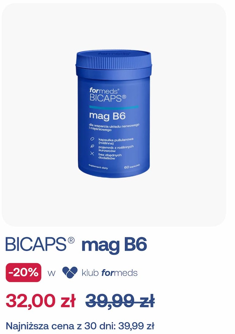 BICAPS® mag B6 -20% w klub formeds 32,00 zł 39,99 zł Najniższa cena z 30 dni: 39,99 zł 
