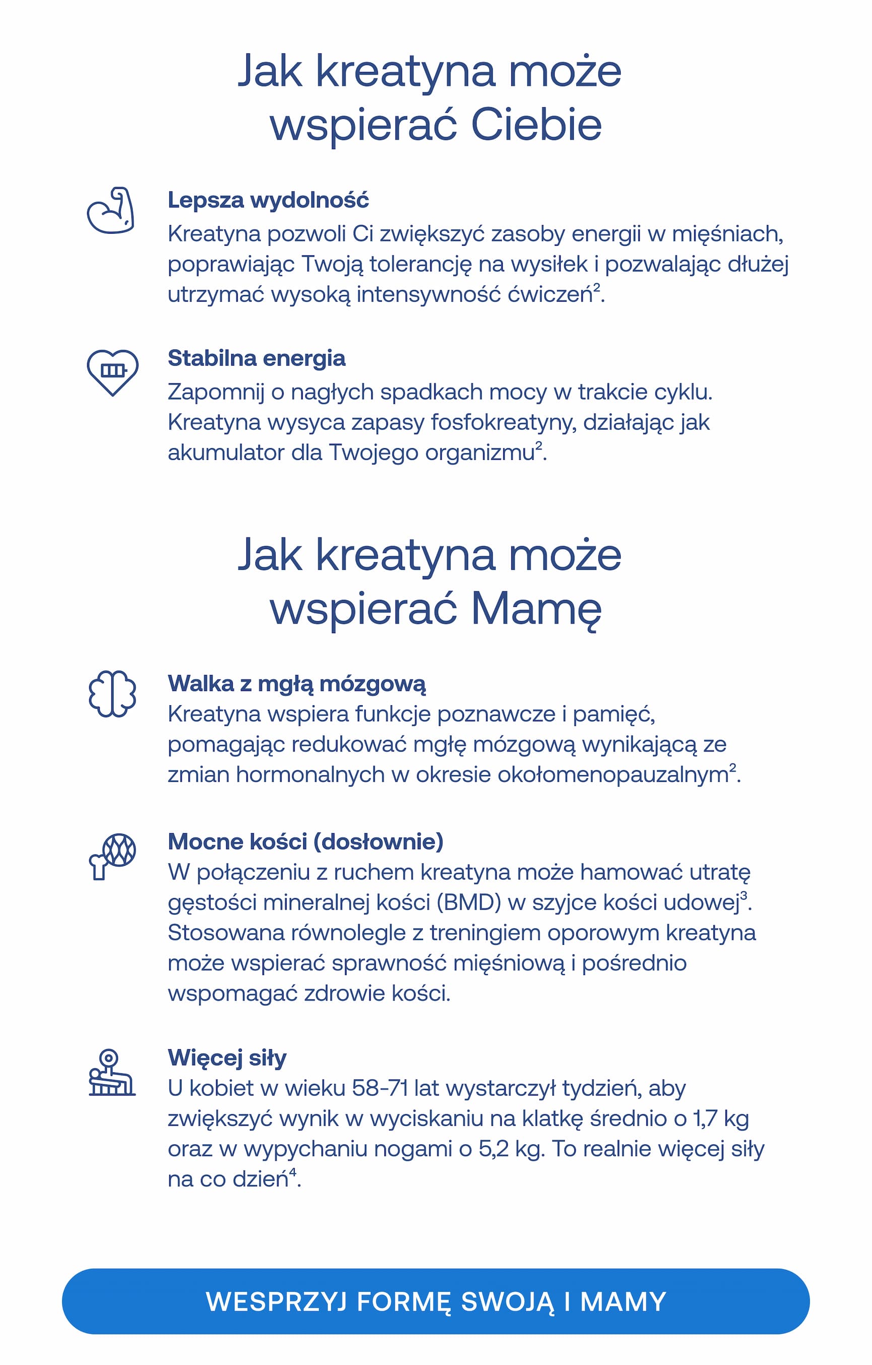 Jak kreatyna może wspierać Ciebie Lepsza wydolność Kreatyna pozwoli Ci zwiększyć zasoby energii w mięśniach, poprawiając Twoją tolerancję na wysiłek i pozwalając dłużej utrzymać wysoką intensywność ćwiczeń².  Stabilna energia Zapomnij o nagłych spadkach mocy w trakcie cyklu. Kreatyna wysyca zapasy fosfokreatyny, działając jak akumulator dla Twojego organizmu². Jak kreatyna może wspierać Mamę Walka z mgłą mózgową Kreatyna wspiera funkcje poznawcze i pamięć, pomagając redukować mgłę mózgową wynikającą ze zmian hormonalnych w okresie okołomenopauzalnym².  Mocne kości (dosłownie) W połączeniu z ruchem kreatyna może hamować utratę gęstości mineralnej kości (BMD) w szyjce kości udowej³. Stosowana równolegle z treningiem oporowym kreatyna może wspierać sprawność mięśniową i pośrednio wspomagać zdrowie kości.  Więcej siły U kobiet w wieku 58–71 lat wystarczył tydzień, aby zwiększyć wynik w wyciskaniu na klatkę średnio o 1,7 kg oraz w wypychaniu nogami o 5,2 kg. To realnie więcej siły na co dzień⁴.  WESPRZYJ FORMĘ SWOJĄ I MAMY