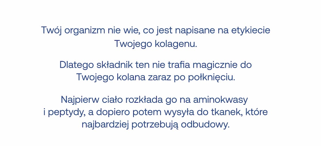 Twój organizm nie wie, co jest napisane na etykiecie Twojego kolagenu.  Dlatego składnik ten nie trafia magicznie do Twojego kolana zaraz po połknięciu.  Najpierw ciało rozkłada go na aminokwasy i peptydy, a dopiero potem wysyła do tkanek, które najbardziej potrzebują odbudowy.
