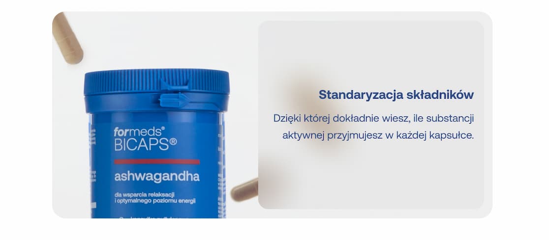 BICAPS Ashwagandha – gwarantowana ilość substancji aktywnej w każdej kapsułce dzięki precyzyjnej standaryzacji składników.