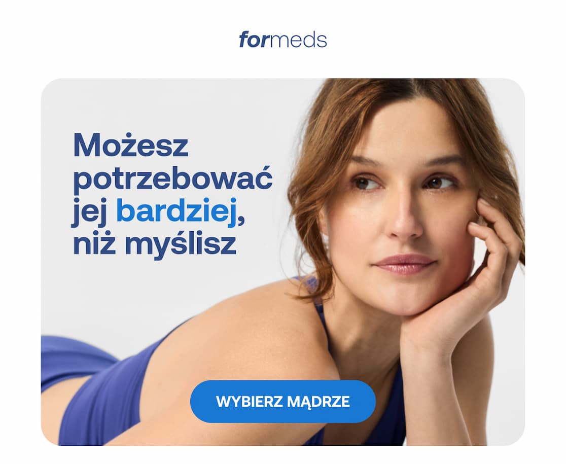 Kobieta w niebieskim stroju zamyślona, napis: Możesz potrzebować jej bardziej, niż myślisz. Przycisk: WYBIERZ MĄDRZE.