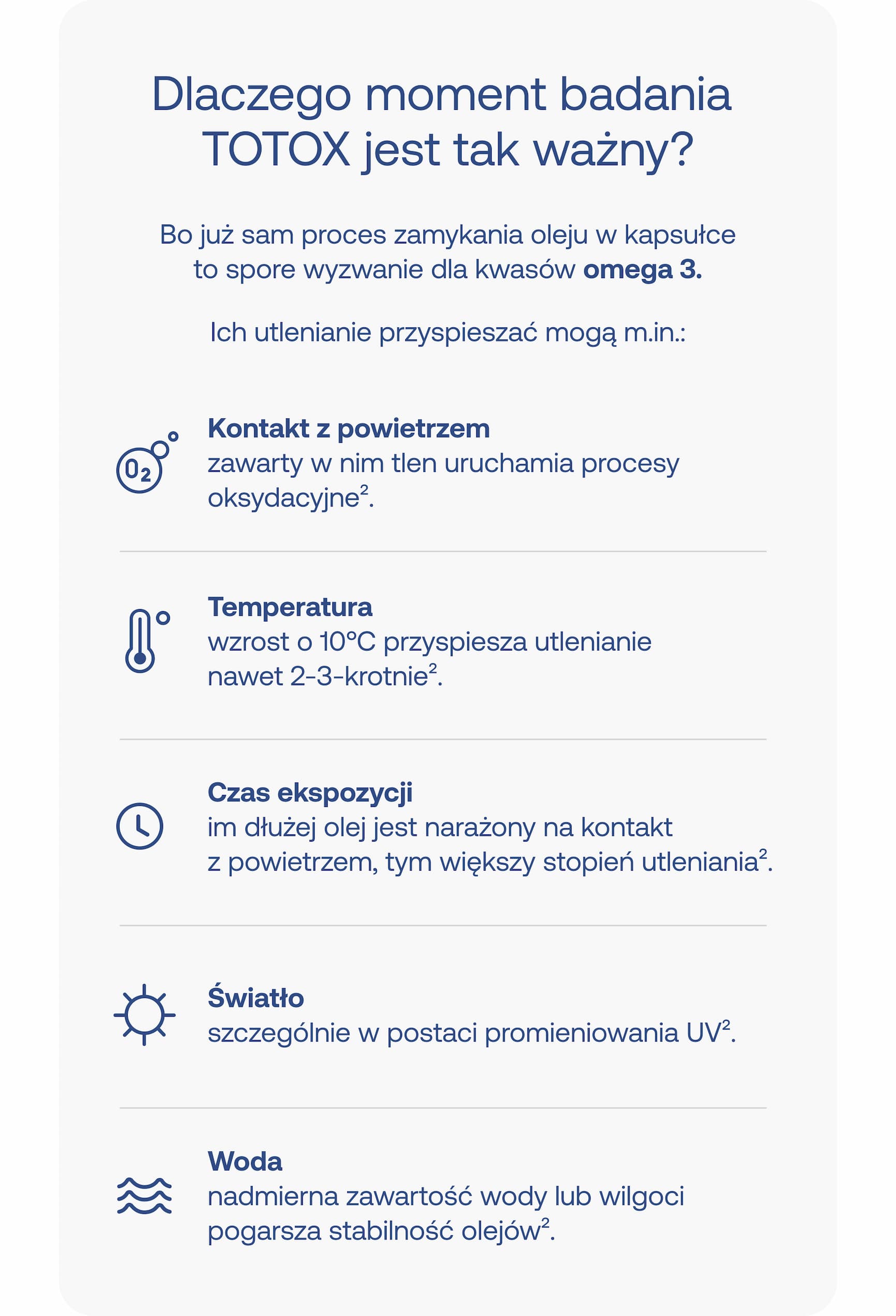 Dlaczego moment badania TOTOX jest tak ważny? Bo proces zamykania oleju w kapsułce to wyzwanie. Ich utlenianie przyspieszać mogą: 1. Kontakt z powietrzem (tlen). 2. Temperatura (wzrost o 10°C przyspiesza utlenianie 2-3 krotnie). 3. Czas ekspozycji. 4. Światło (promieniowanie UV). 5. Woda (wilgoć).