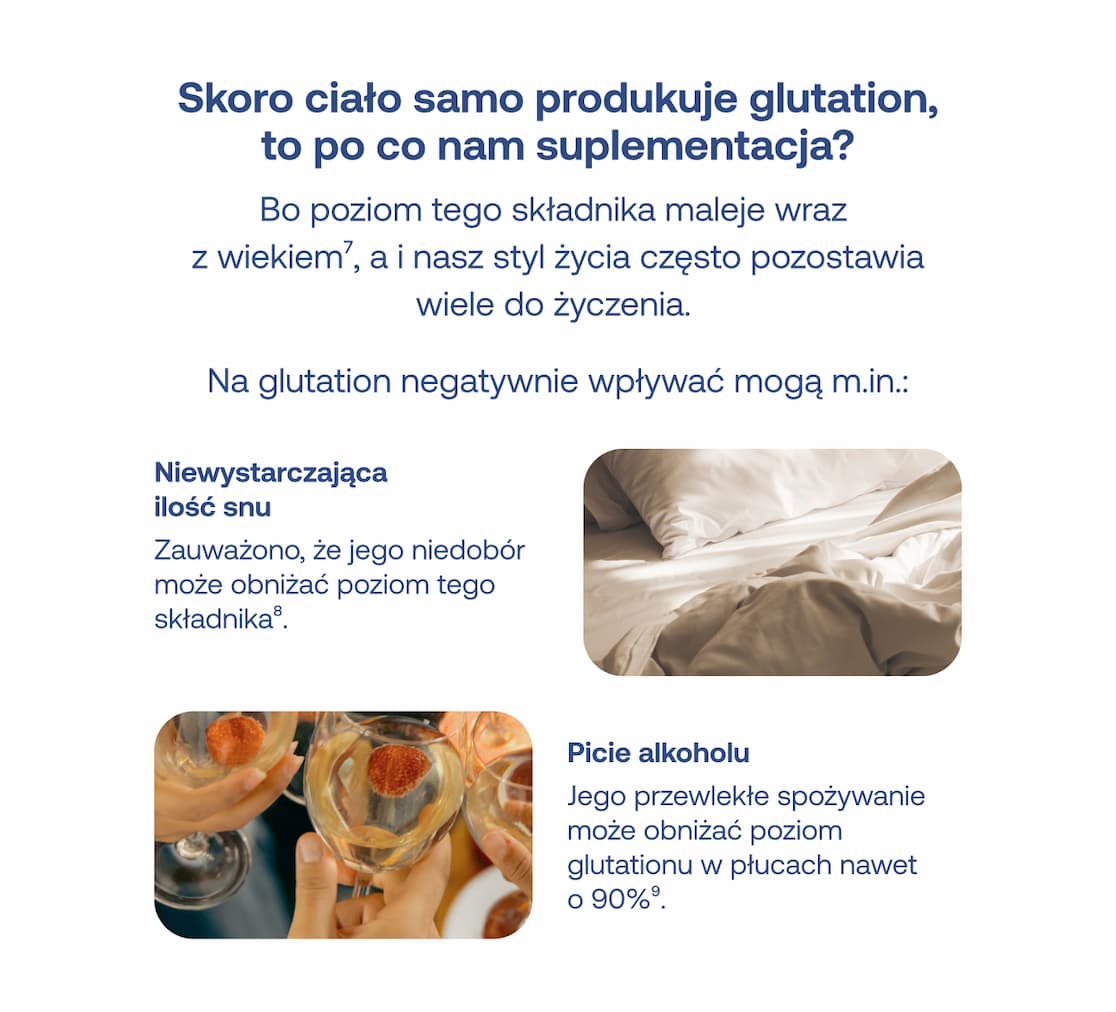 Po co suplementować glutation? Jego poziom spada z wiekiem, przez niewystarczającą ilość snu oraz picie alkoholu.