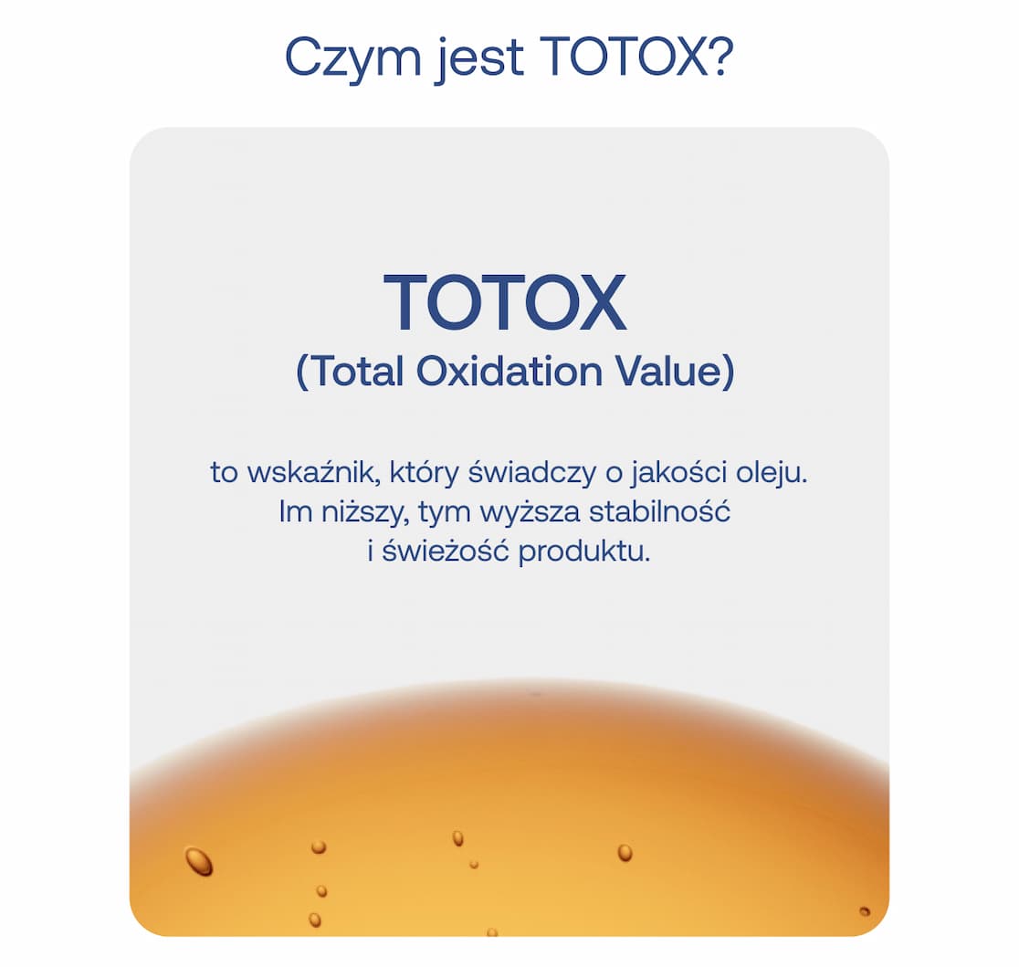 Czym jest TOTOX? TOTOX (Total Oxidation Value) to wskaźnik, który świadczy o jakości oleju. Im niższy, tym wyższa stabilność i świeżość produktu.