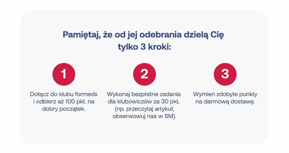 Instrukcja 3 kroków do darmowej dostawy: 1. Dołącz do klubu i odbierz 100 pkt. 2. Wykonaj zadania za 30 pkt. 3. Wymień punkty na darmową dostawę
