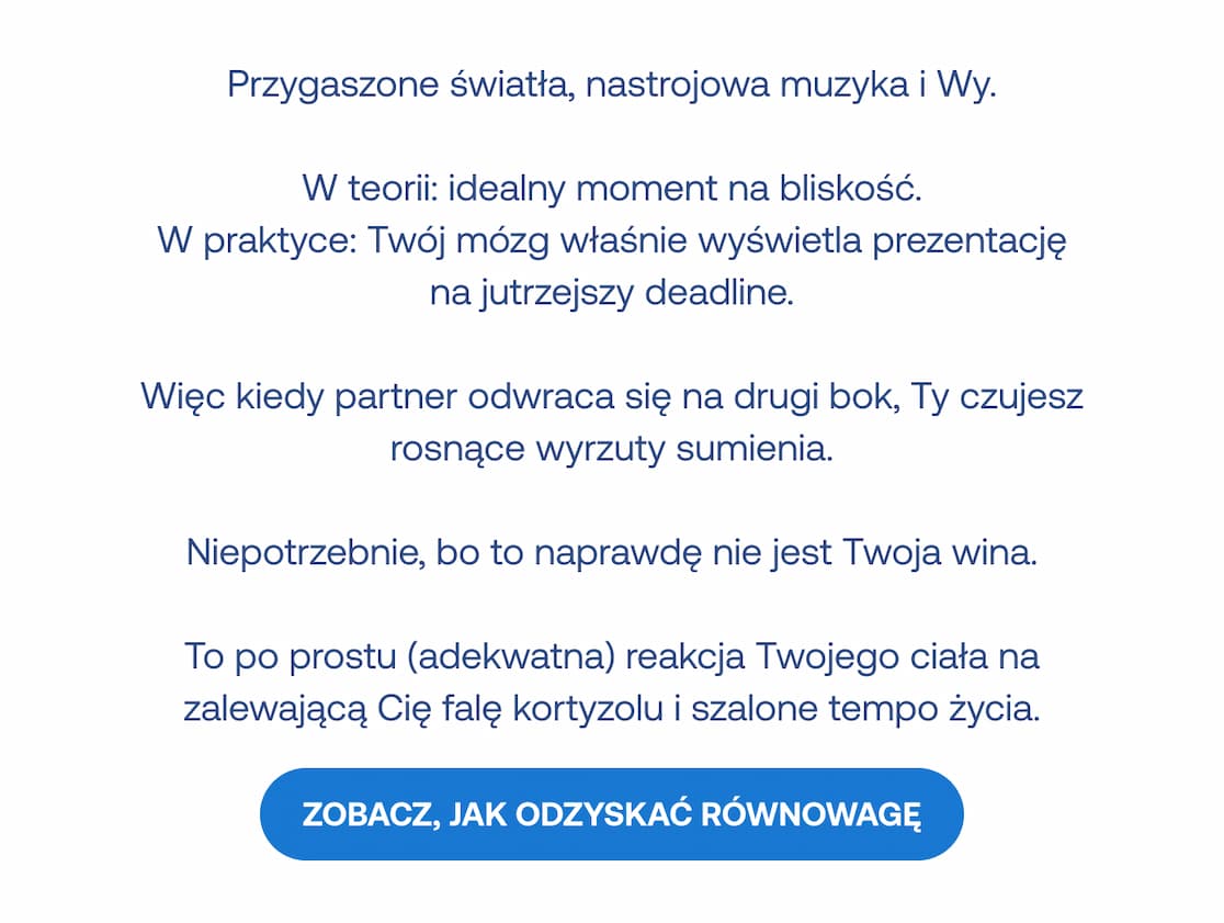 Tekst o stresie i wyrzutach sumienia w sypialni spowodowanych pracą i deadline'ami. Napis: To adekwatna reakcja Twojego ciała na falę kortyzolu. Przycisk: Zobacz, jak odzyskać równowagę.