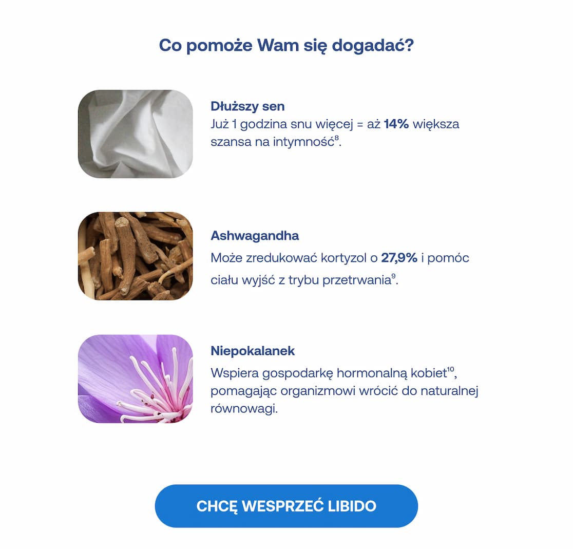 Sposoby na wsparcie organizmu i redukcję stresu: dłuższy sen, ashwagandha i niepokalanek. Przycisk z napisem: CHCĘ WESPRZEĆ LIBIDO